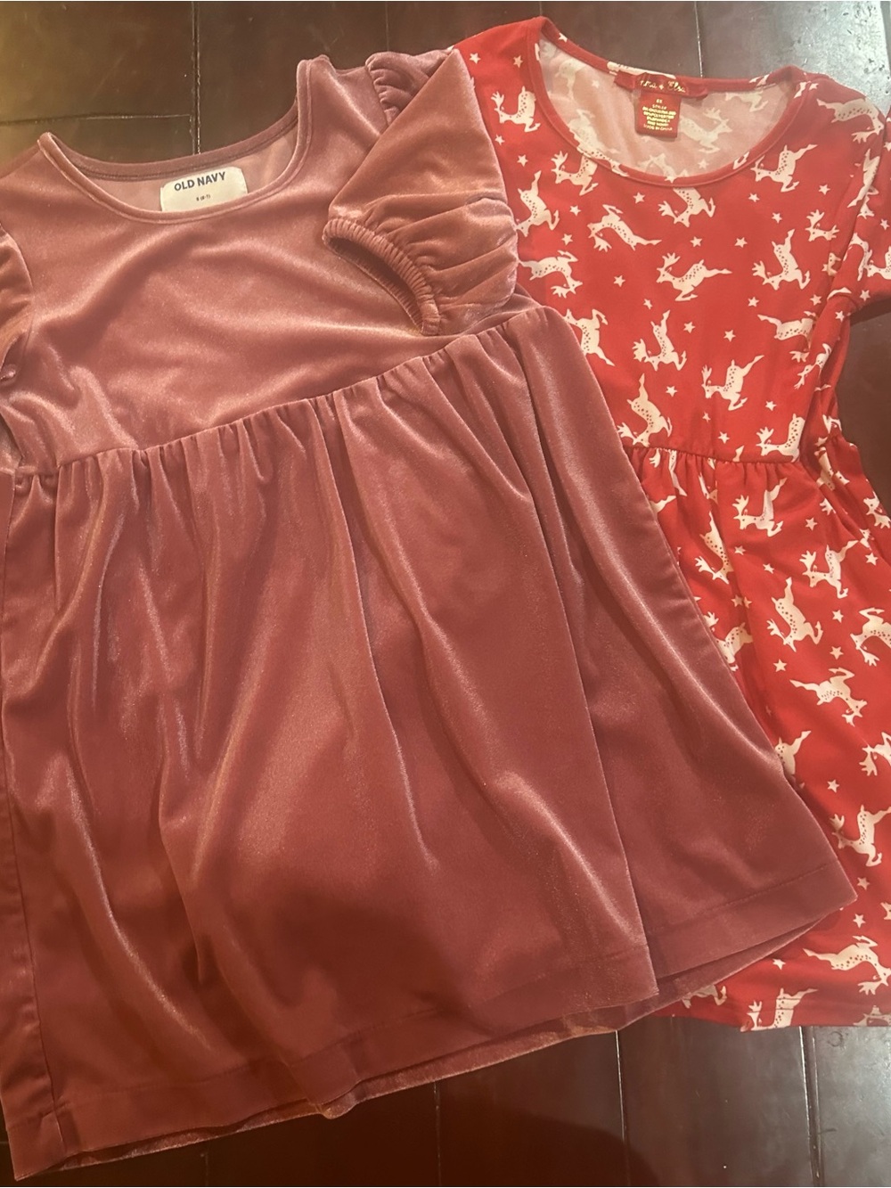 Lot of 2 dresses - Velvet Mauve Pink Puff Sleeve Dress & Red with white Reindeer